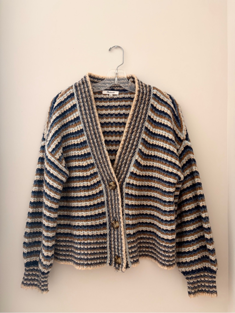 Madewell Striped Wool V-Neck Button Cardigan in Navy, Cream & Brown.